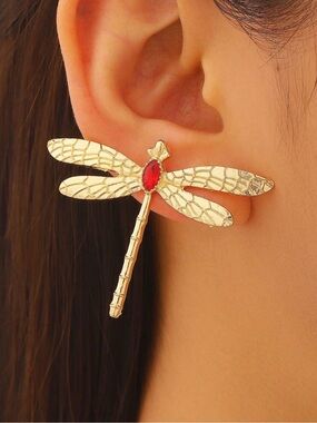 Gold Unique Dragonfly Drop Textured Boho Earrings with Red CZ Gem